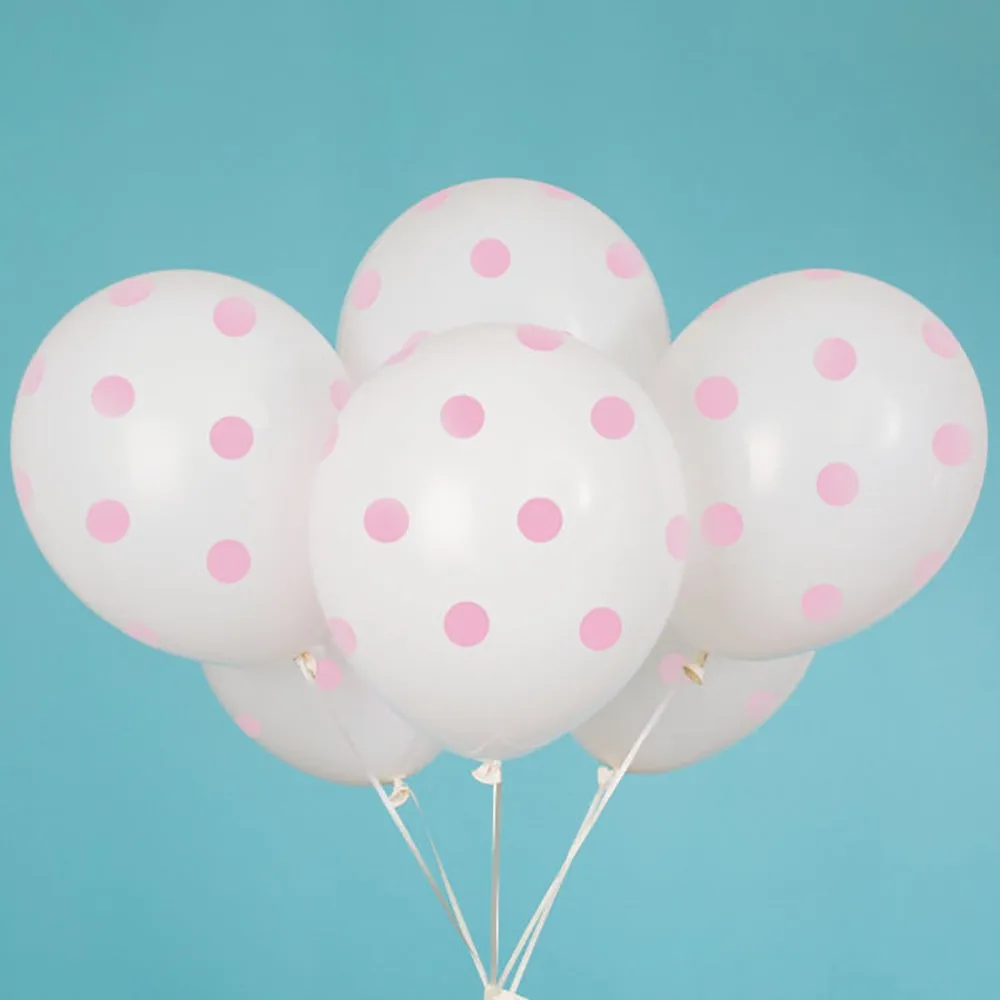 12 inch WHITE WITH PINK POLKA DOTS BALLOON (6 PK)