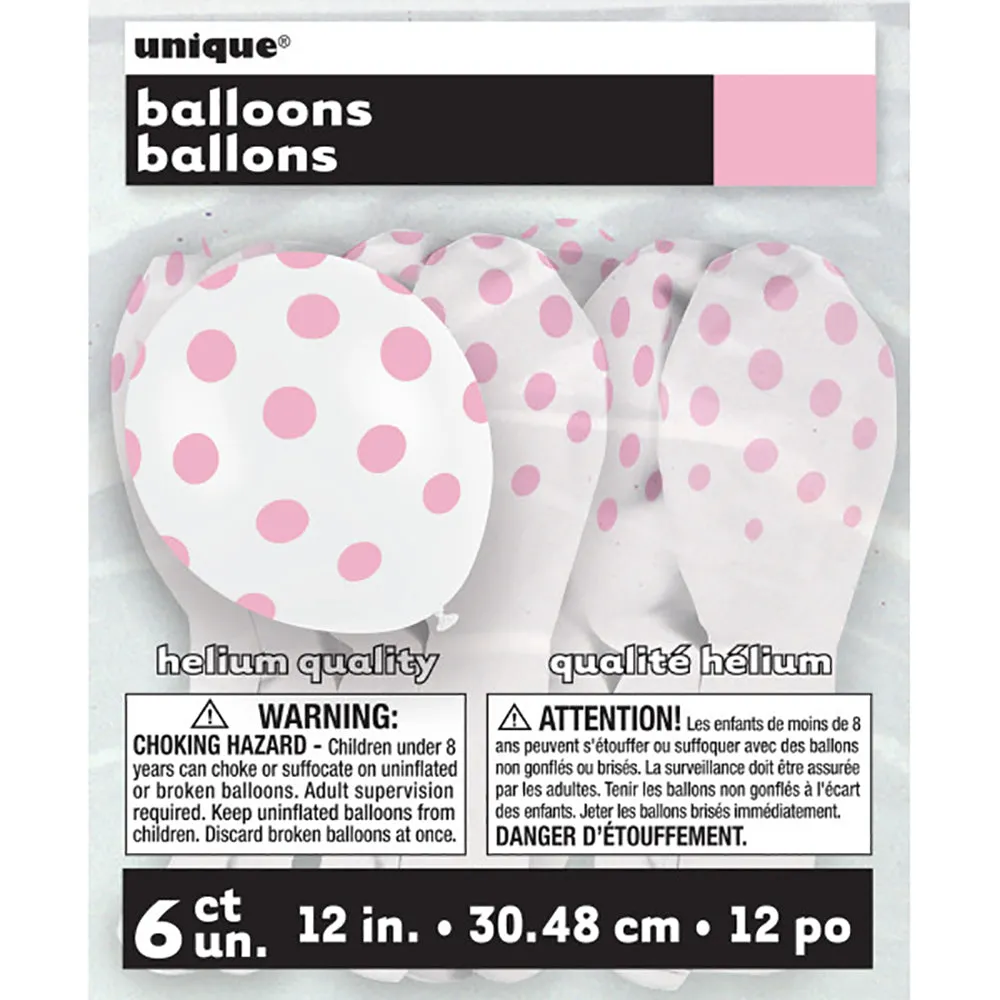 12 inch WHITE WITH PINK POLKA DOTS BALLOON (6 PK)