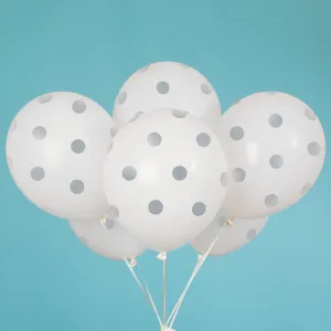 12 inch WHITE WITH SILVER POLKA DOTS BALLOON (6 PK)