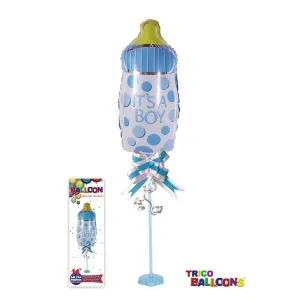 14" Blue Milk Bottle Mylar Balloon Centerpiece with Stand