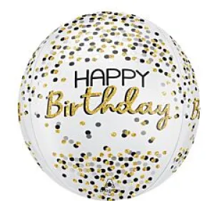 16" Happy Birthday Orbz Balloon - Black, Silver, & Gold