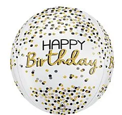 16" Happy Birthday Orbz Balloon - Black, Silver, & Gold