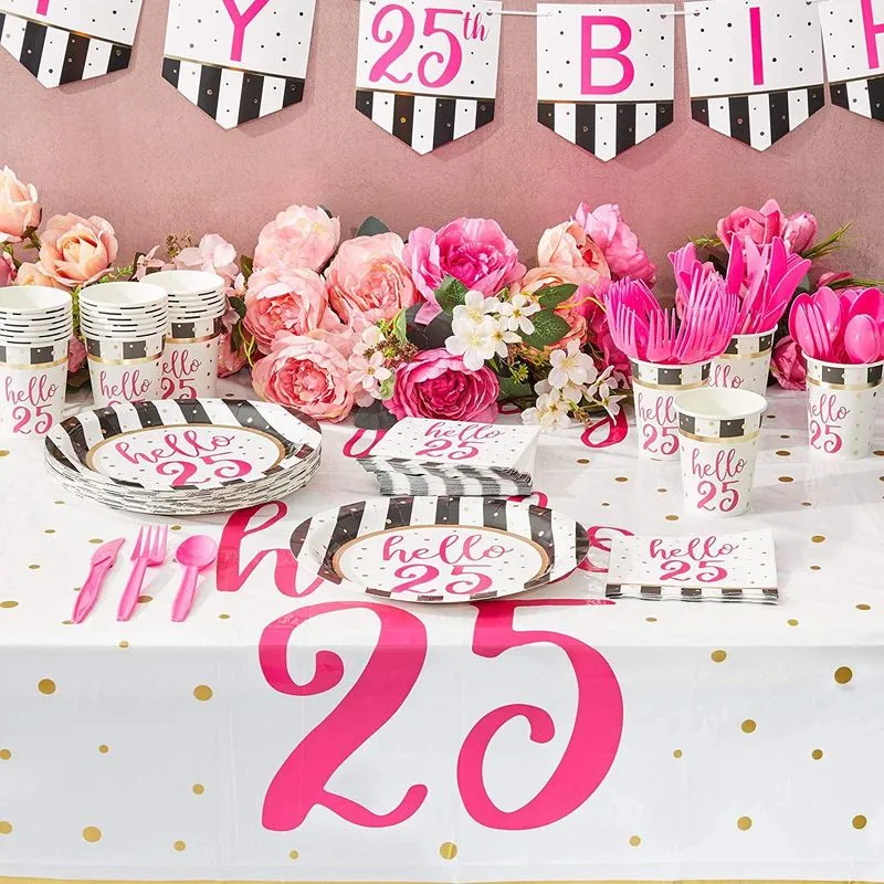 25th Birthday Party Pack, Includes Dinnerware Set, Tablecloth, and Banner (Serves 24, 146 Pieces)
