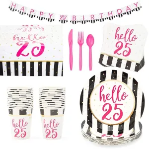 25th Birthday Party Pack, Includes Dinnerware Set, Tablecloth, and Banner (Serves 24, 146 Pieces)