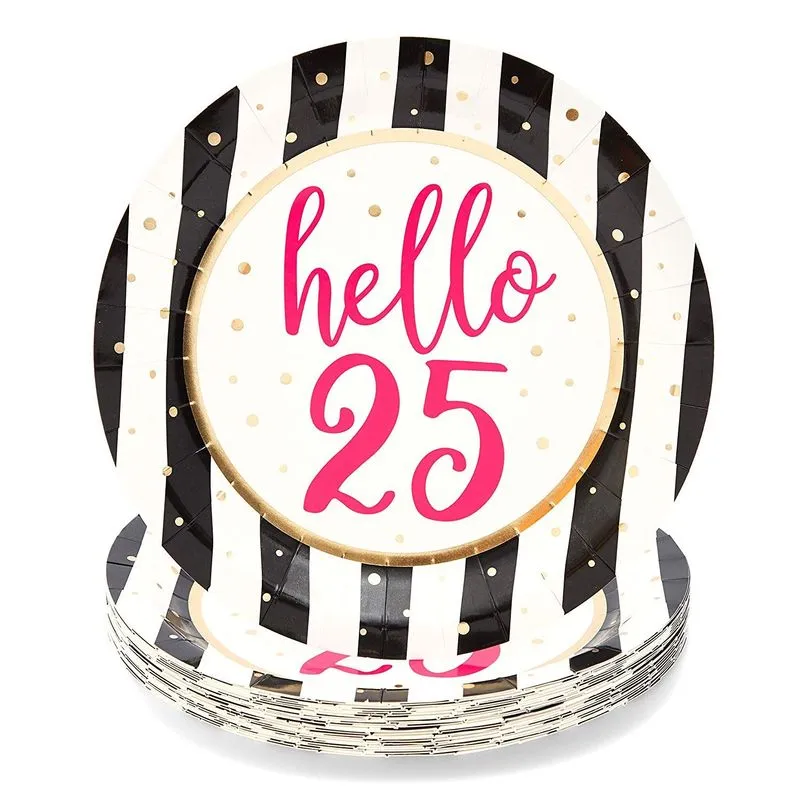 25th Birthday Party Pack, Includes Dinnerware Set, Tablecloth, and Banner (Serves 24, 146 Pieces)