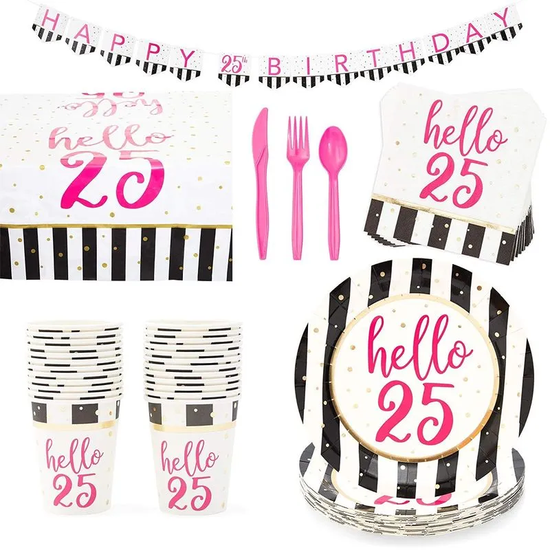 25th Birthday Party Pack, Includes Dinnerware Set, Tablecloth, and Banner (Serves 24, 146 Pieces)