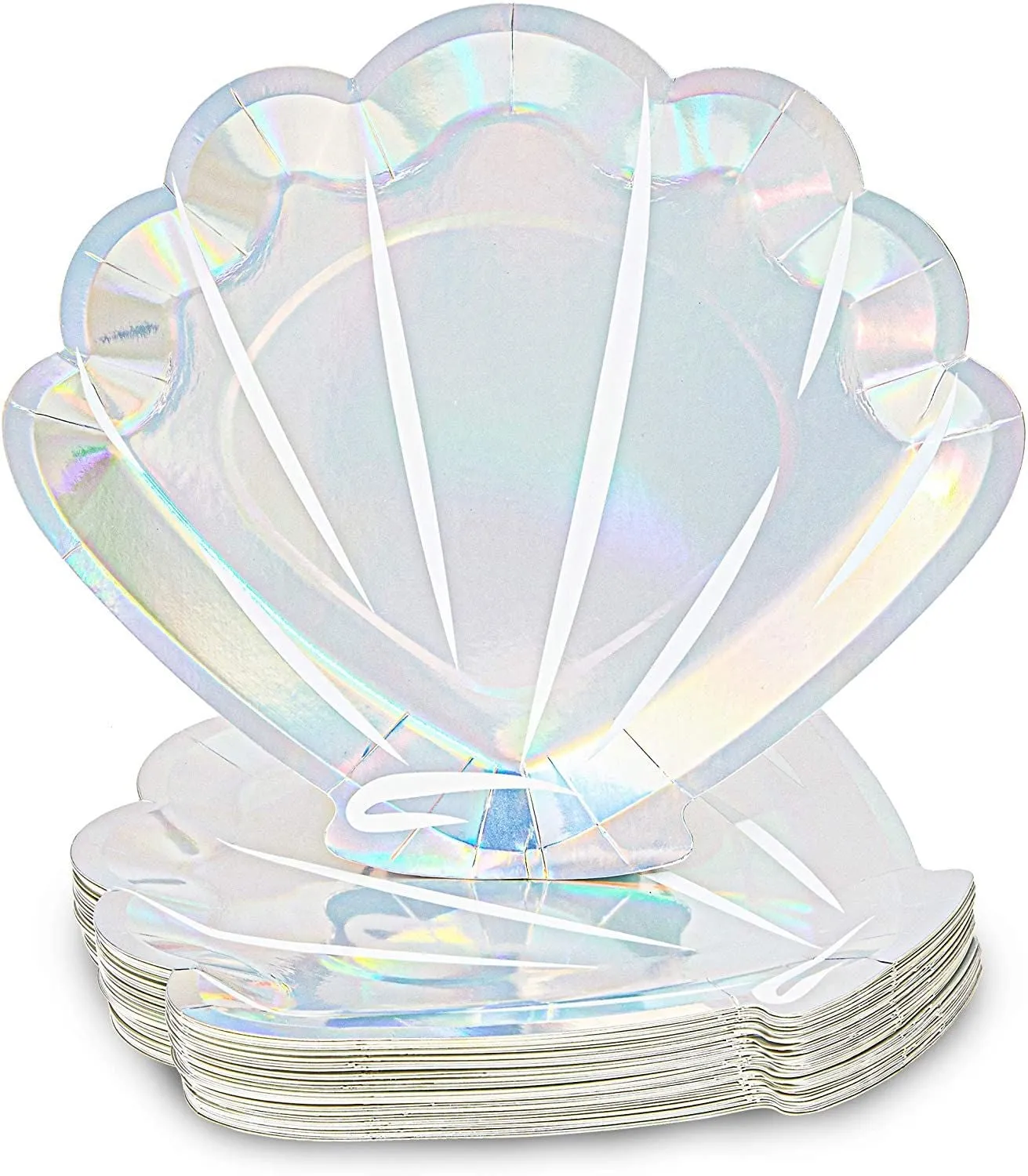 48 Pack Holographic Seashell Plates for Girls Mermaid Birthday Party Supplies, Silver Foil Design (9 In)
