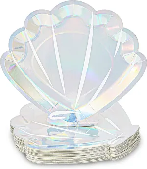 48 Pack Holographic Seashell Plates for Girls Mermaid Birthday Party Supplies, Silver Foil Design (9 In)