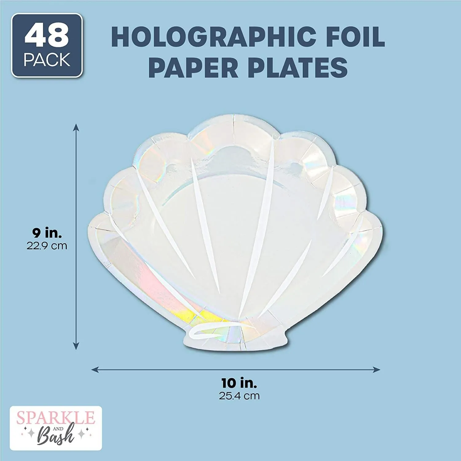 48 Pack Holographic Seashell Plates for Girls Mermaid Birthday Party Supplies, Silver Foil Design (9 In)