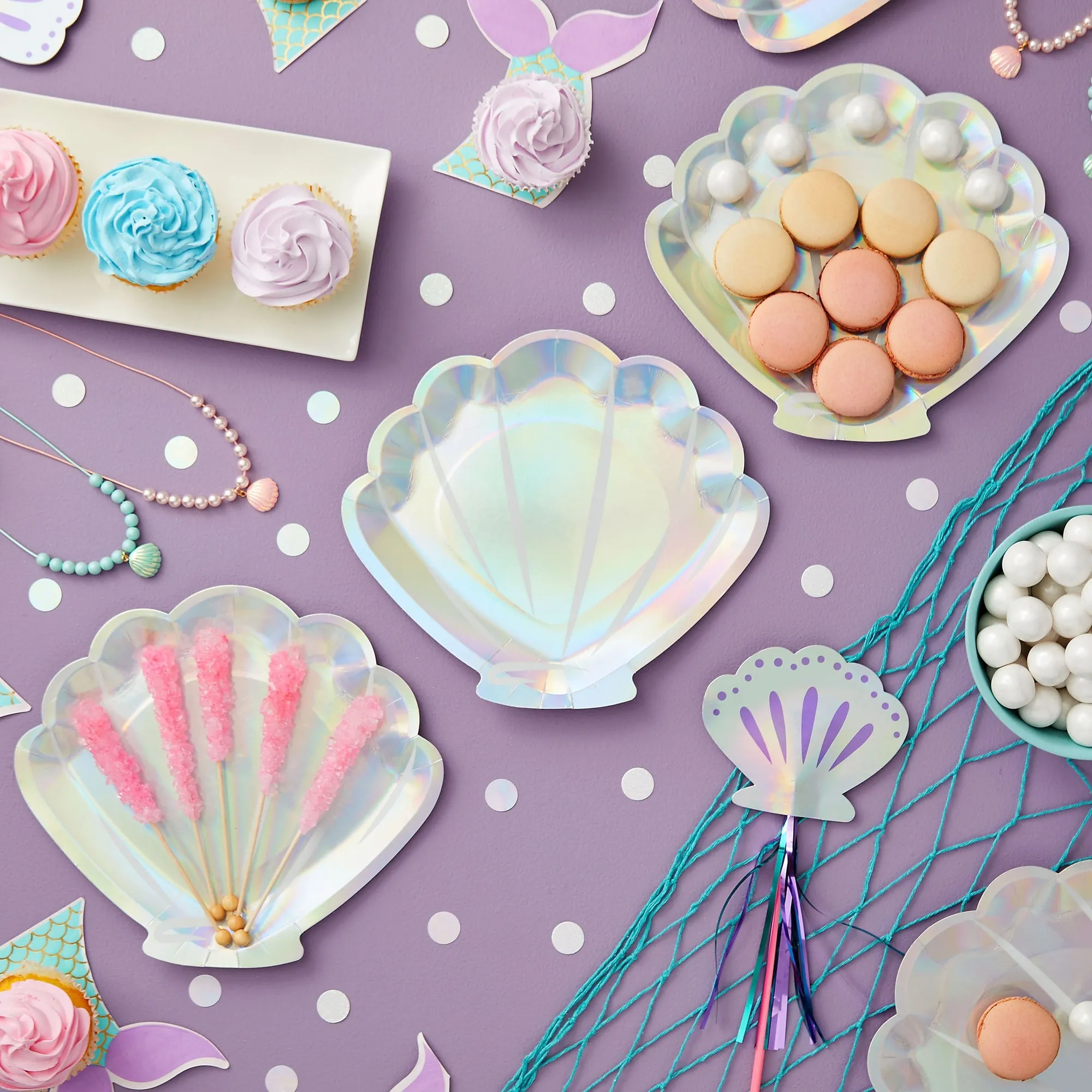 48 Pack Holographic Seashell Plates for Girls Mermaid Birthday Party Supplies, Silver Foil Design (9 In)