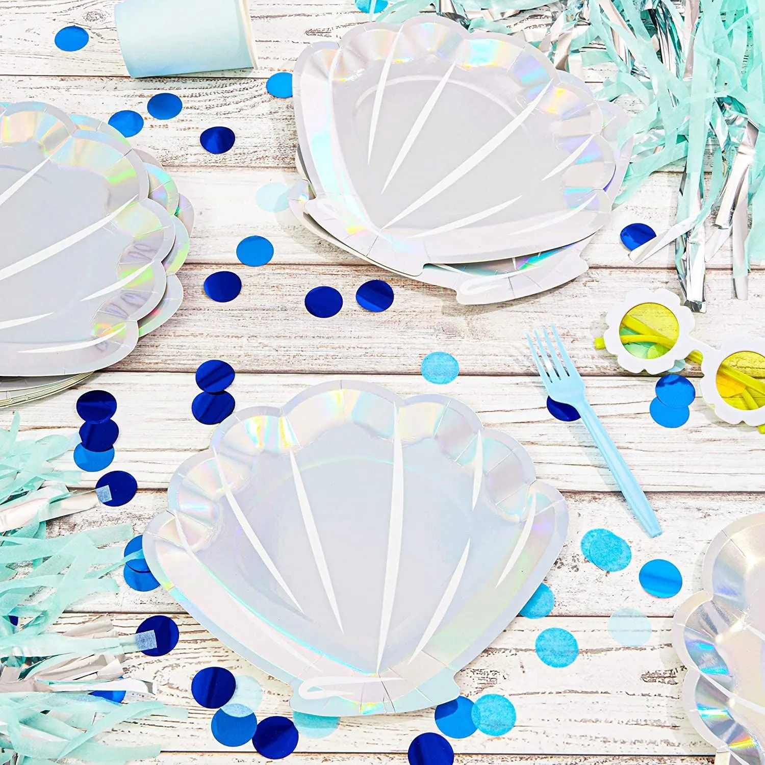48 Pack Holographic Seashell Plates for Girls Mermaid Birthday Party Supplies, Silver Foil Design (9 In)