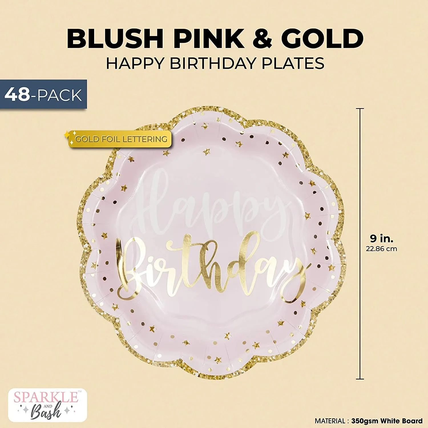 48 Pack Pink Happy Birthday Party Paper Plates with Gold Glitter Edges (9 In)