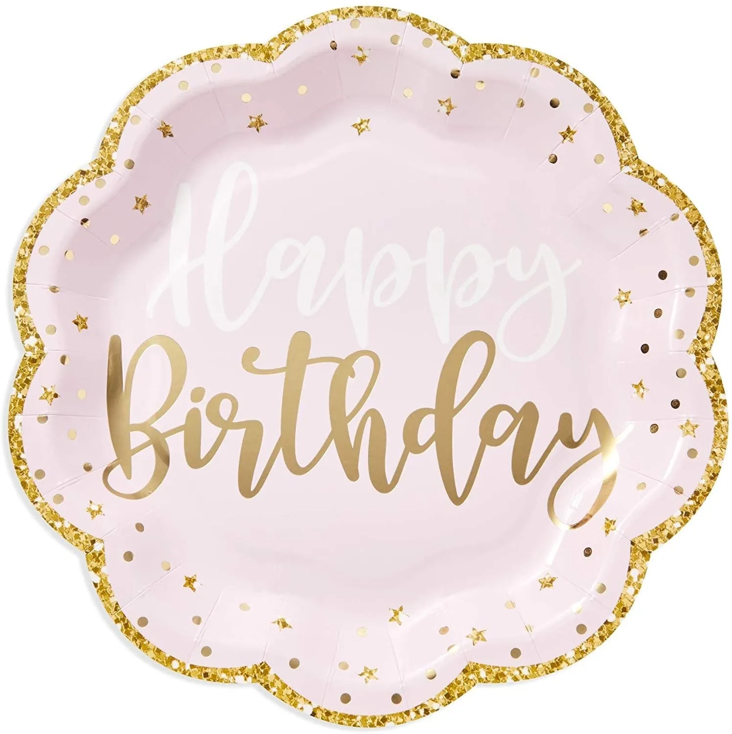 48 Pack Pink Happy Birthday Party Paper Plates with Gold Glitter Edges (9 In)