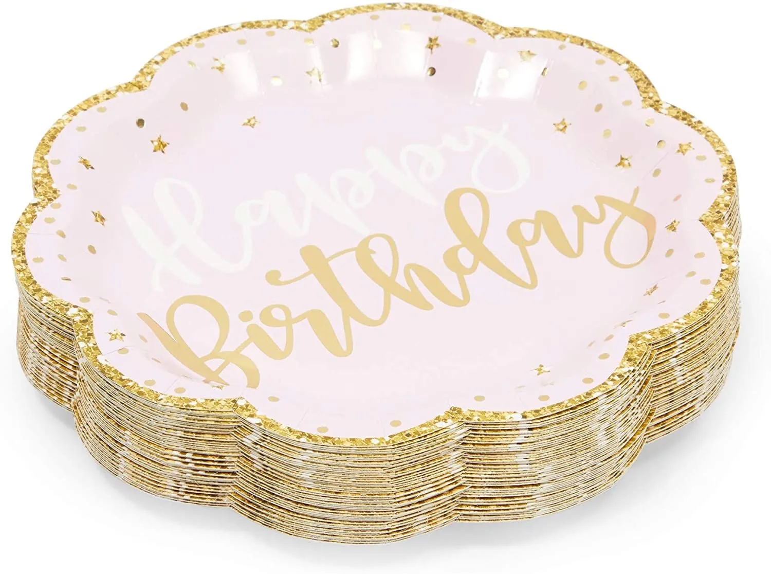 48 Pack Pink Happy Birthday Party Paper Plates with Gold Glitter Edges (9 In)