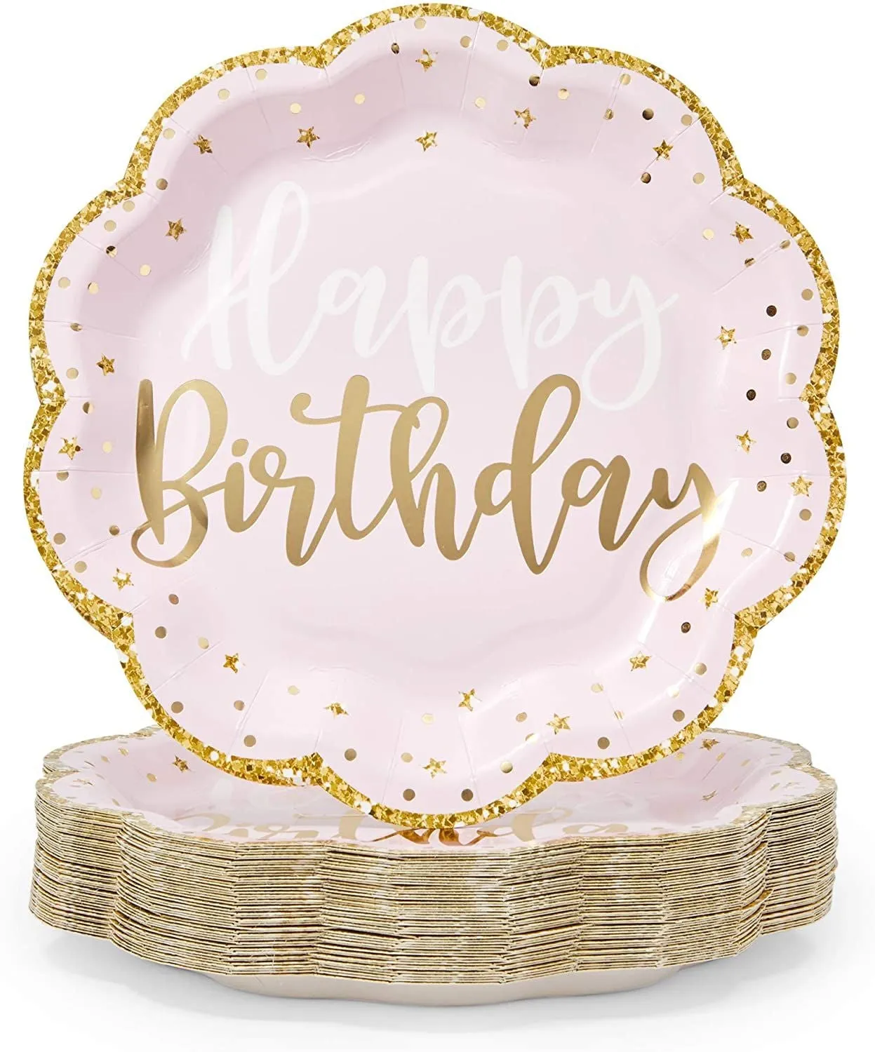 48 Pack Pink Happy Birthday Party Paper Plates with Gold Glitter Edges (9 In)
