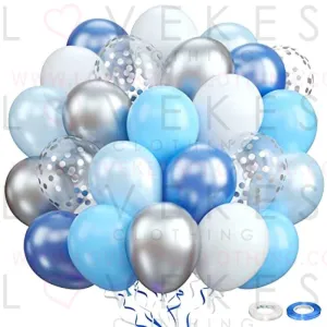 60 Pcs Blue Silver White Balloons, Pearl Royal Light Blue Matte White Chrome Silver Confetti Metallic Latex Balloons for Boys Christening Baby Bridal Shower Blue Wedding Birthday Party Decorations