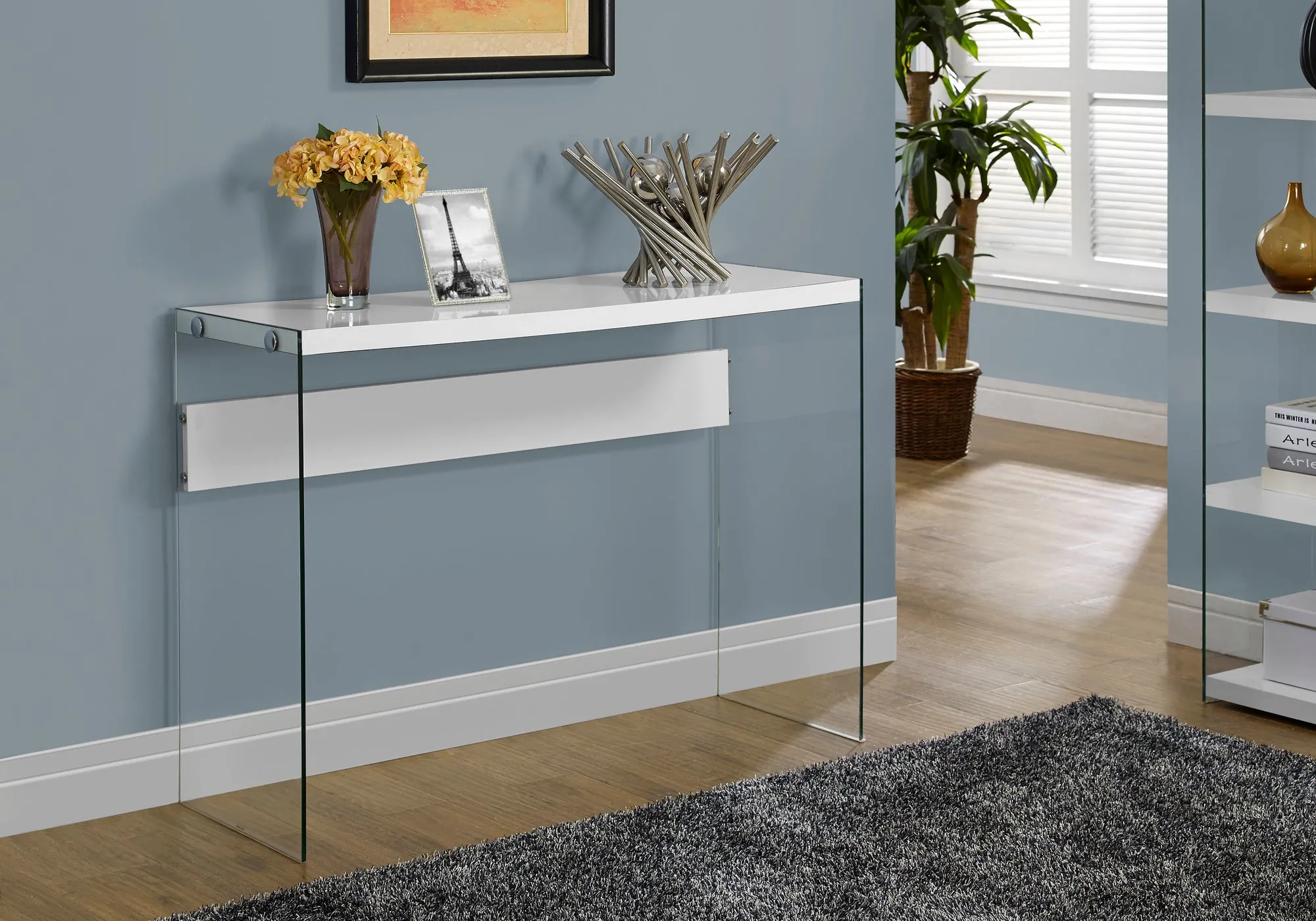 Accent Table, Console, Entryway, Narrow, Sofa, Living Room, Bedroom, Glossy White Laminate, Clear Tempered Glass, Contemporary, Modern