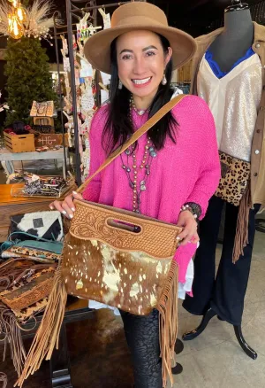 American Darling Leather and Hair Fringe Crossbody 13.5" x 12"