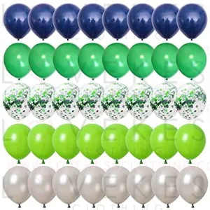 Balloons Green and Blue, 60 Pcs Navy Blue Matte Light Green Silver Latex Party Balloons with Green Silver Confetti Balloons for Birthday Party Decoration Football Video Game Jungle Safari Themed Party
