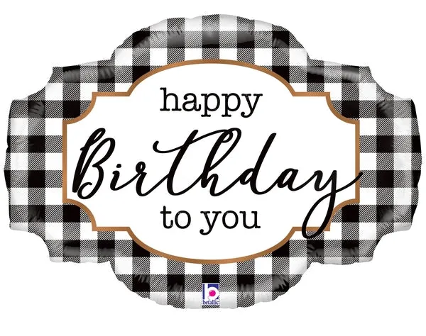 Black and White Buffalo Plaid Birthday Balloon