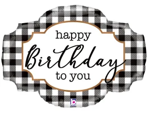 Black and White Buffalo Plaid Birthday Balloon