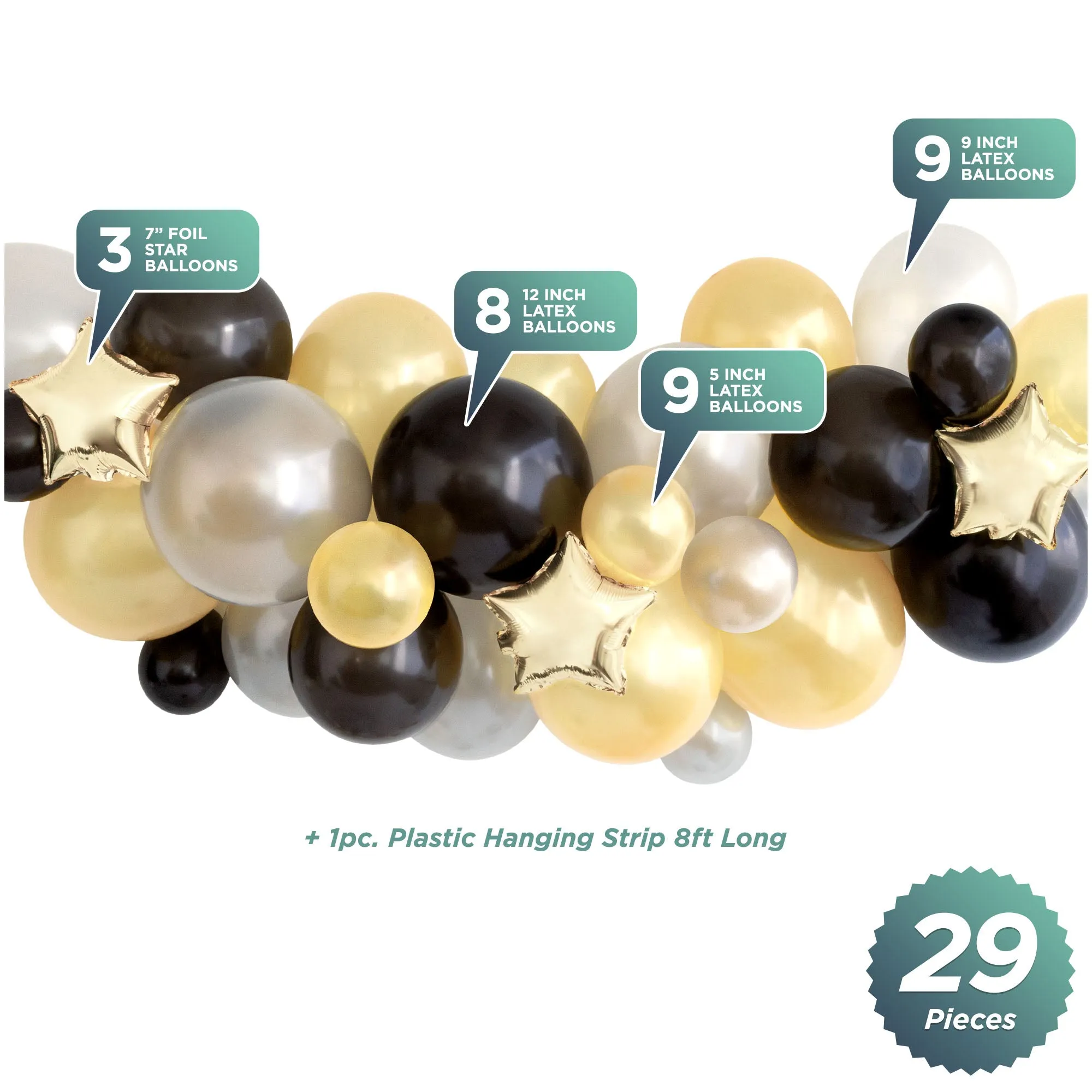 Black, Silver, & Gold Foil Star and Latex Balloon Garland Kit for Celebrations, 29 Pieces