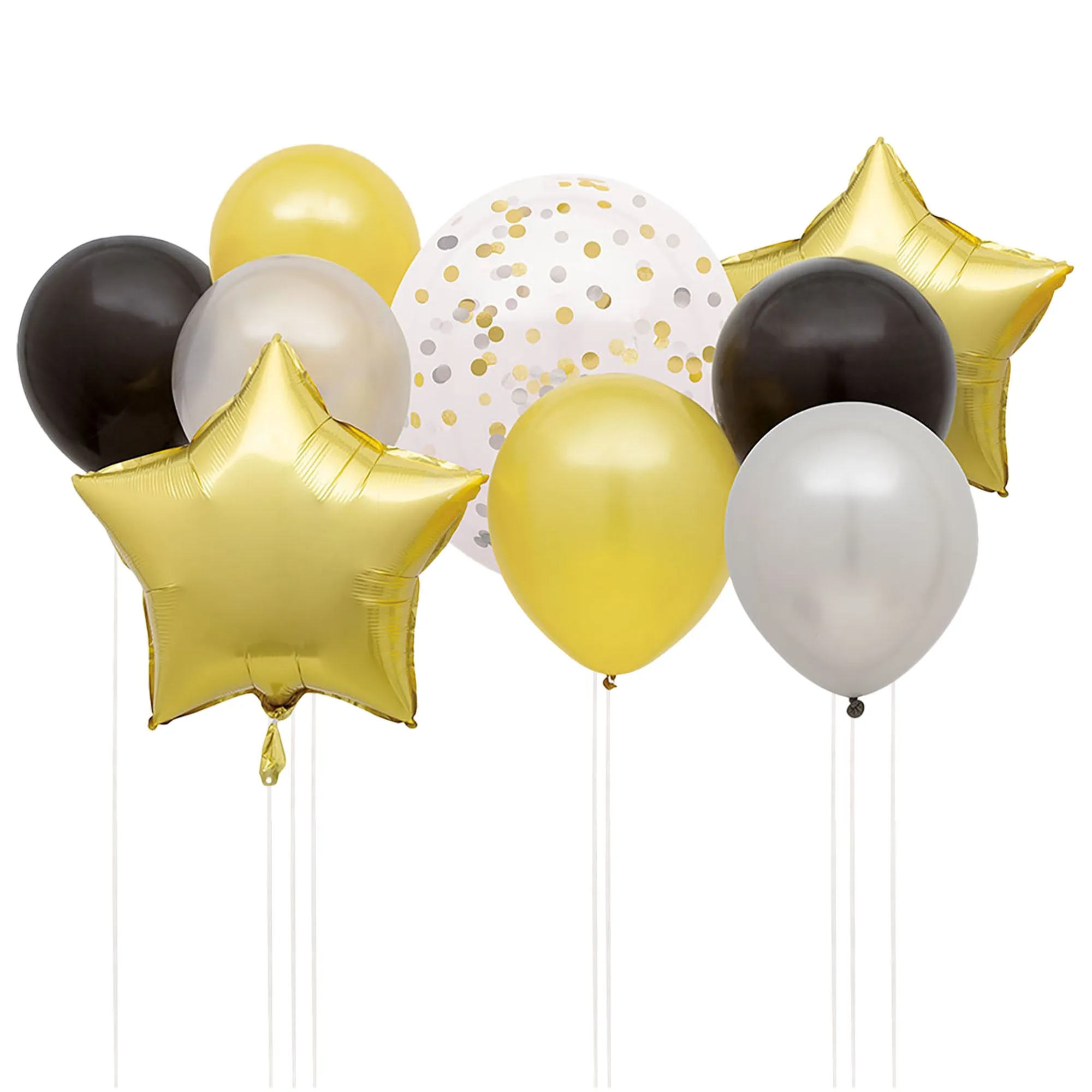 Black, Silver, & Gold Star Foil & Latex Balloon Bouquet Kit For Celebrations, 9 Pcs
