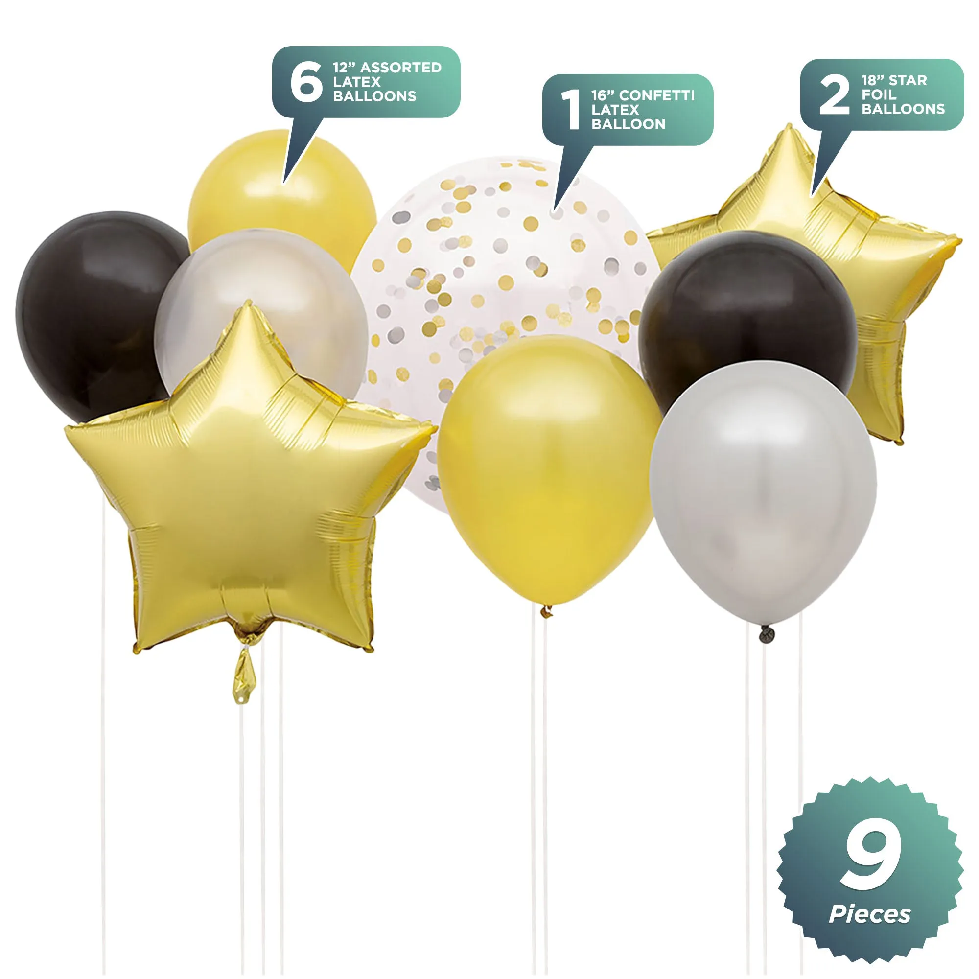 Black, Silver, & Gold Star Foil & Latex Balloon Bouquet Kit For Celebrations, 9 Pcs