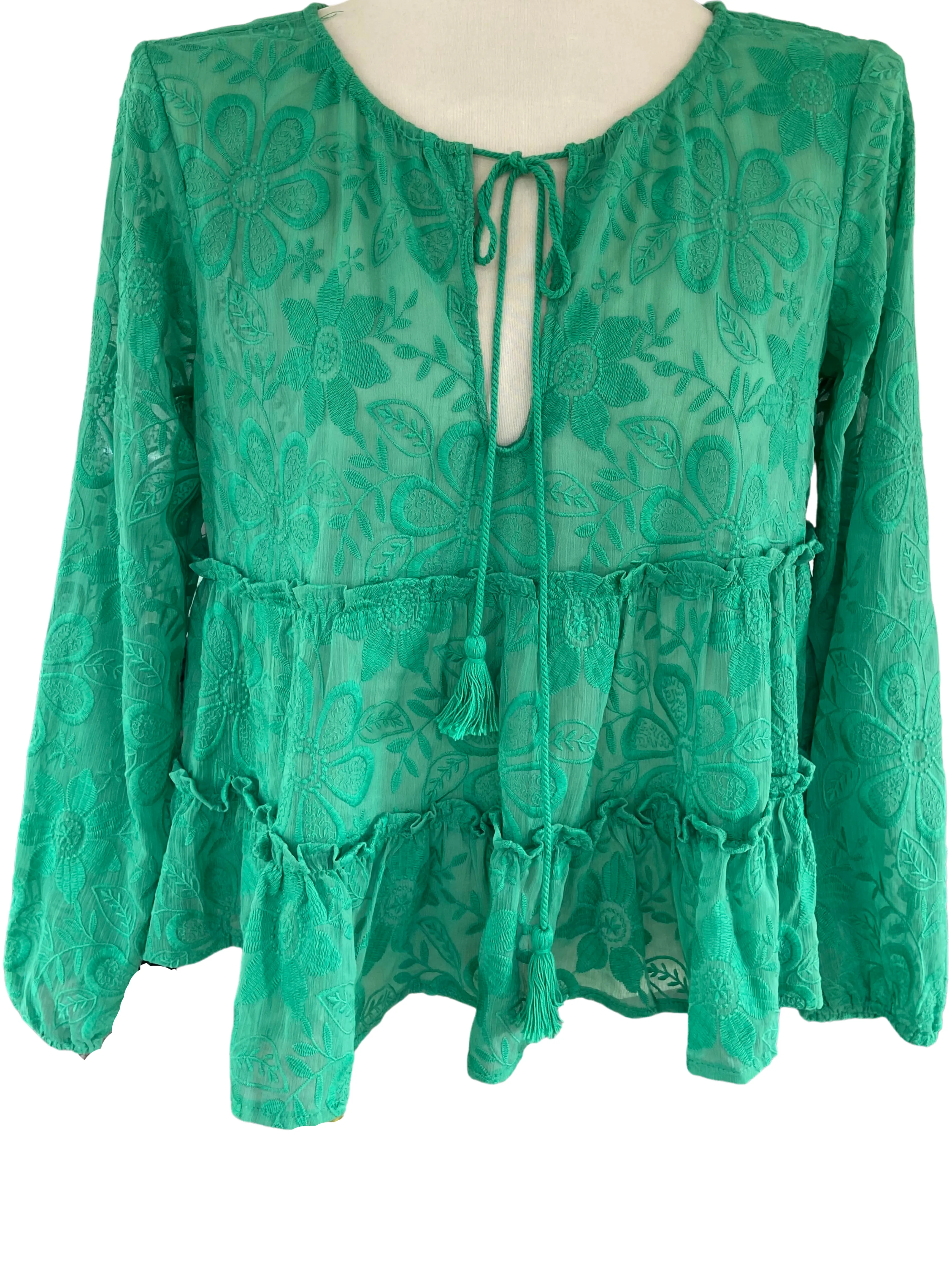 Bright Spring Green Embroidered Ruffle Top