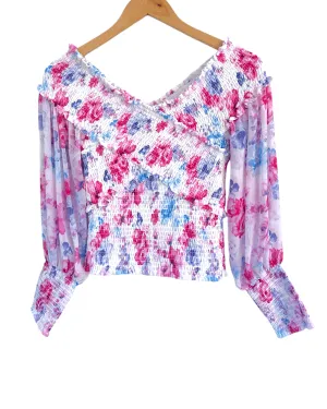 Bright Winter Floral Print Rouched Criss-Cross Top