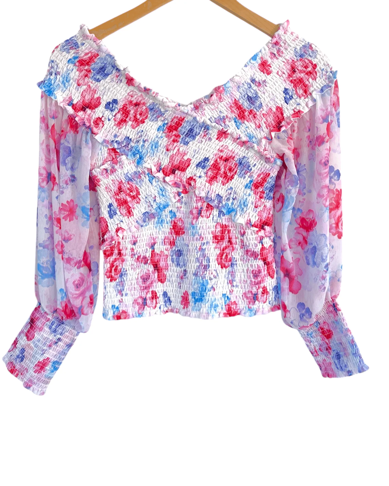 Bright Winter Floral Print Rouched Criss-Cross Top
