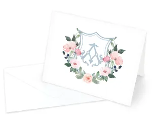 Dusty Blue & Blush Monogrammed Crest Folded Note Cards with Envelopes