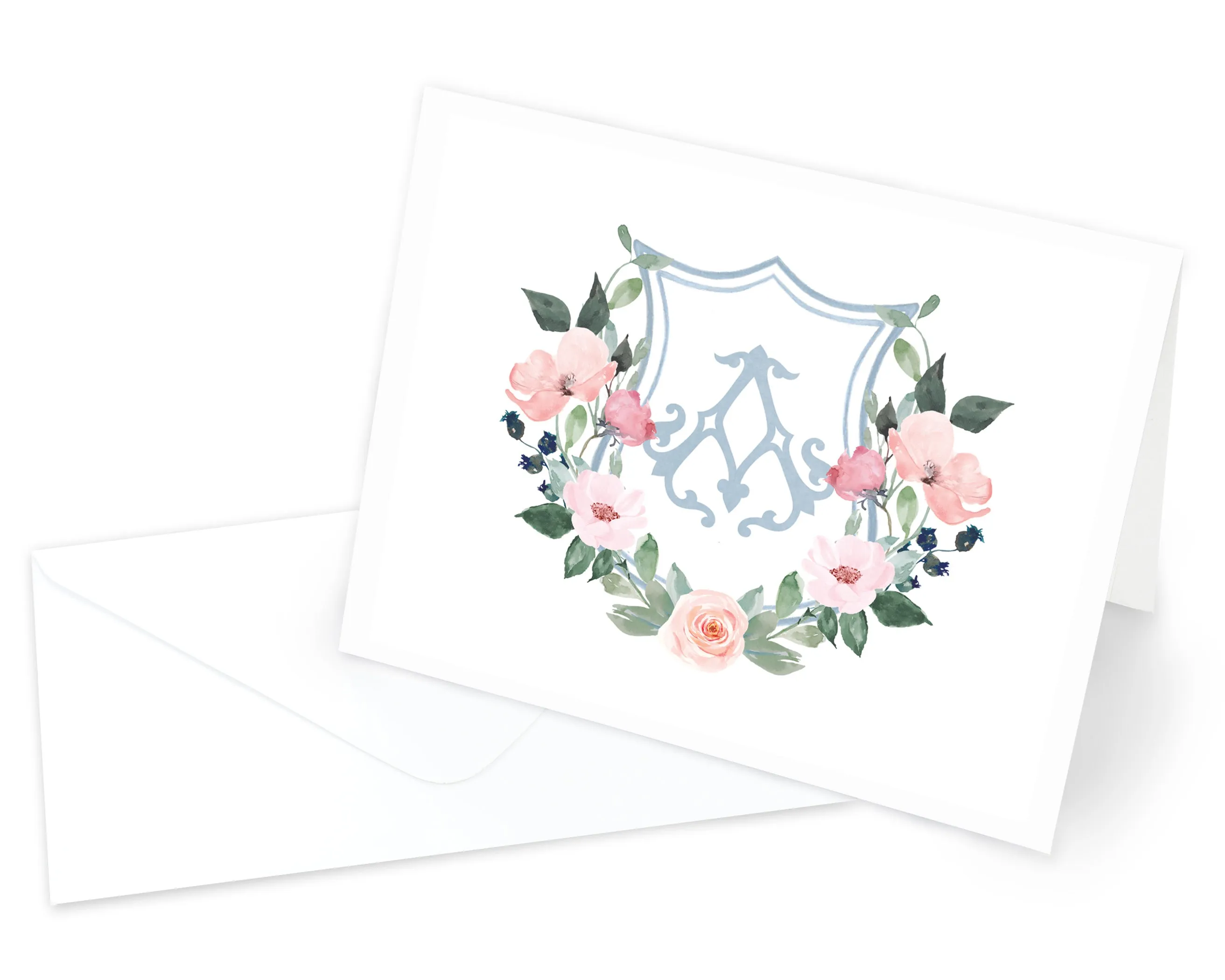 Dusty Blue & Blush Monogrammed Crest Folded Note Cards with Envelopes