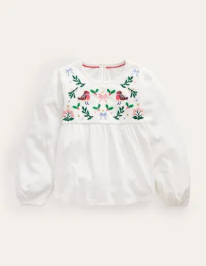 Embroidered Jersey Top-Ivory Festive