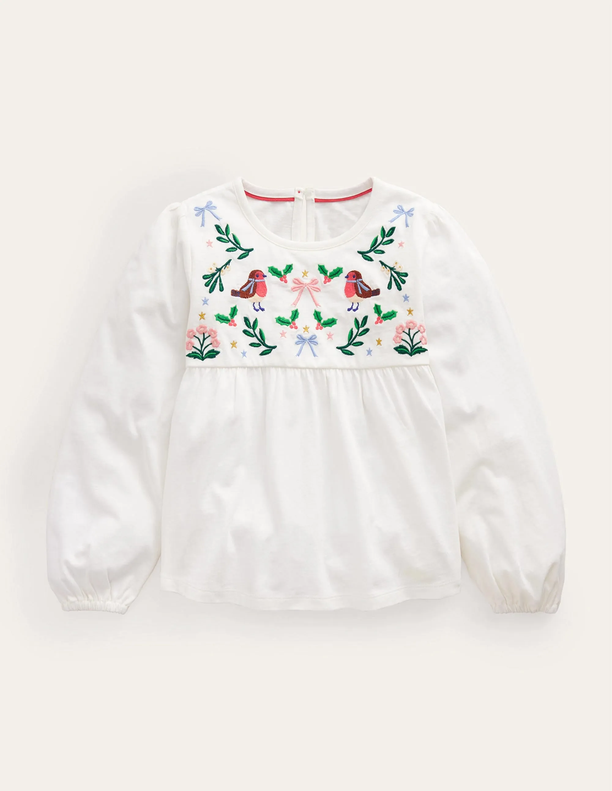 Embroidered Jersey Top-Ivory Festive