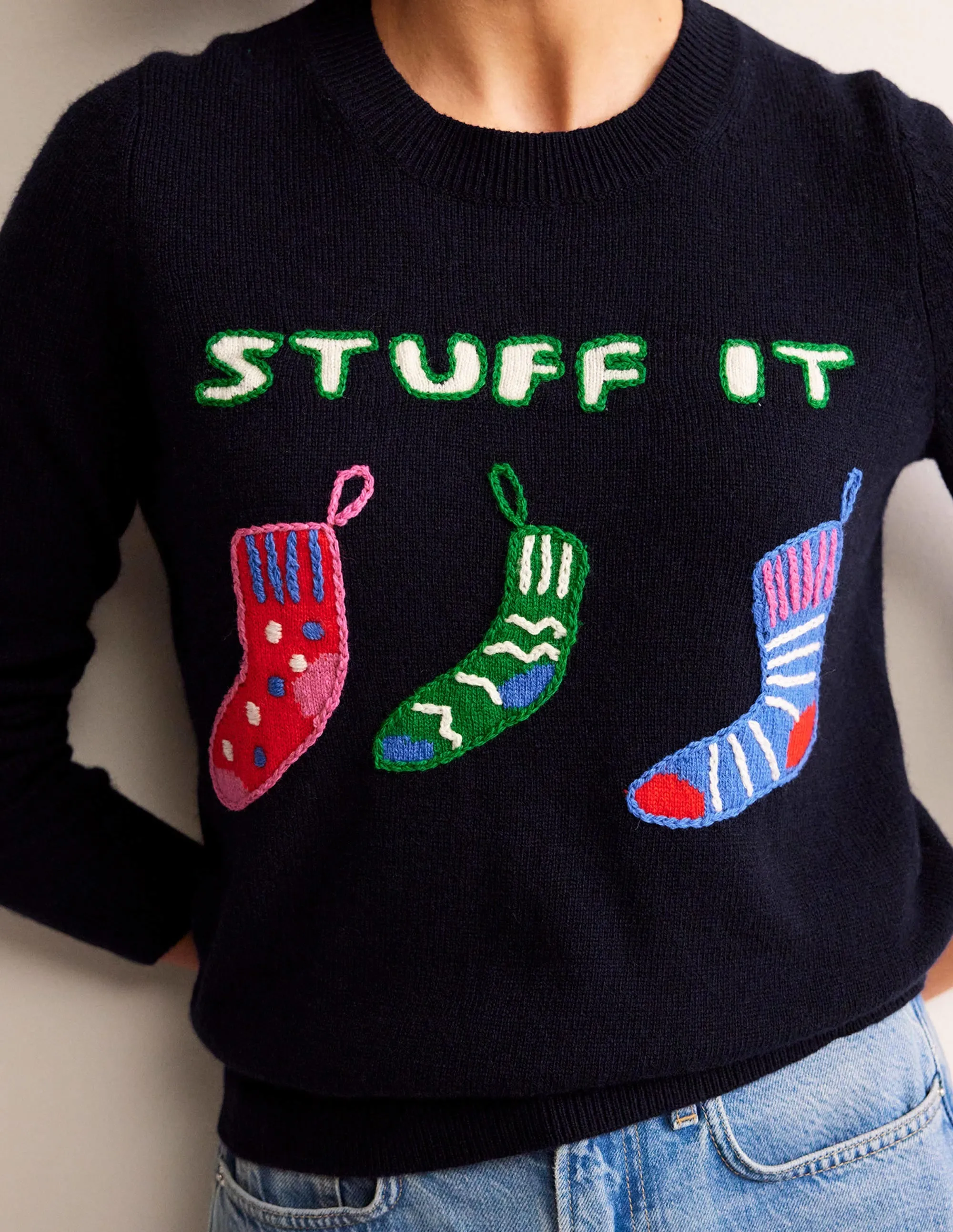 Festive Embroidered Jumper-Navy, Stuff It