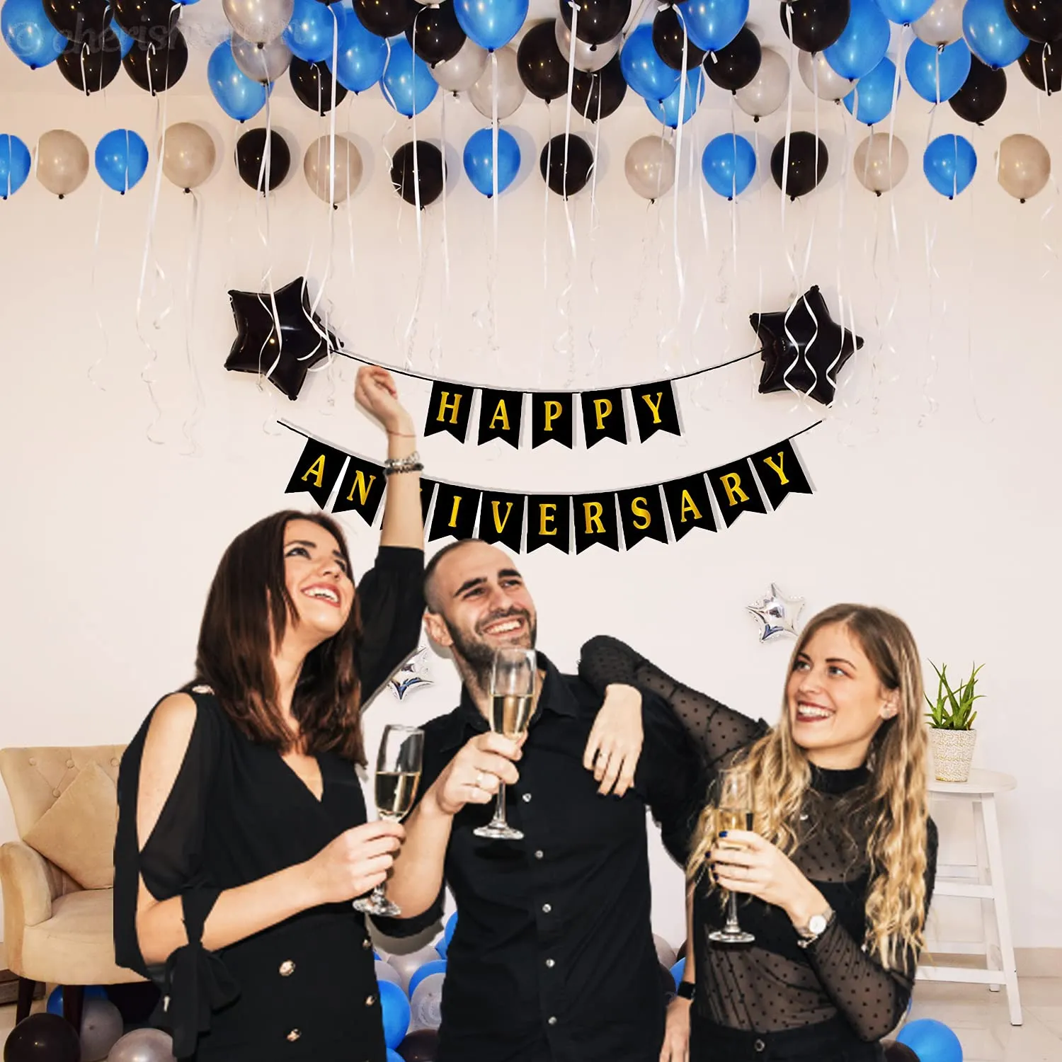 Happy Anniversary Decoration Blue & Black  49 Pcs - Decoration Items For Room