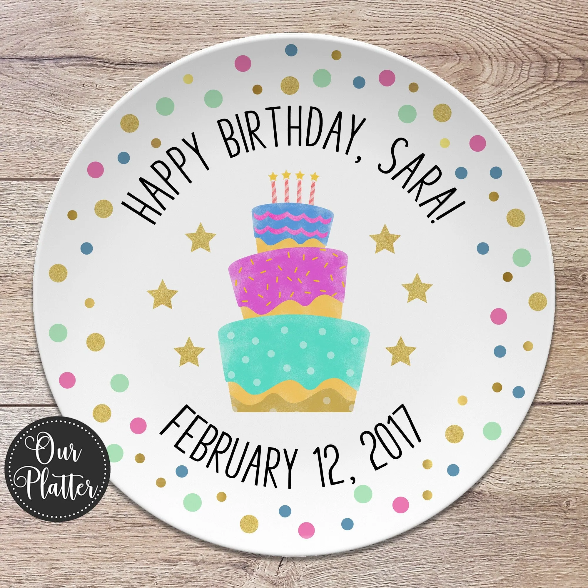 Happy Birthday Personalized Plate, Dots, Sprinkles, Cupcake