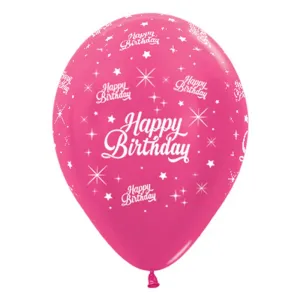 Happy Birthday Twinkling Stars Metallic Fuchsia Balloons - 6 Pkt - LAST ONE