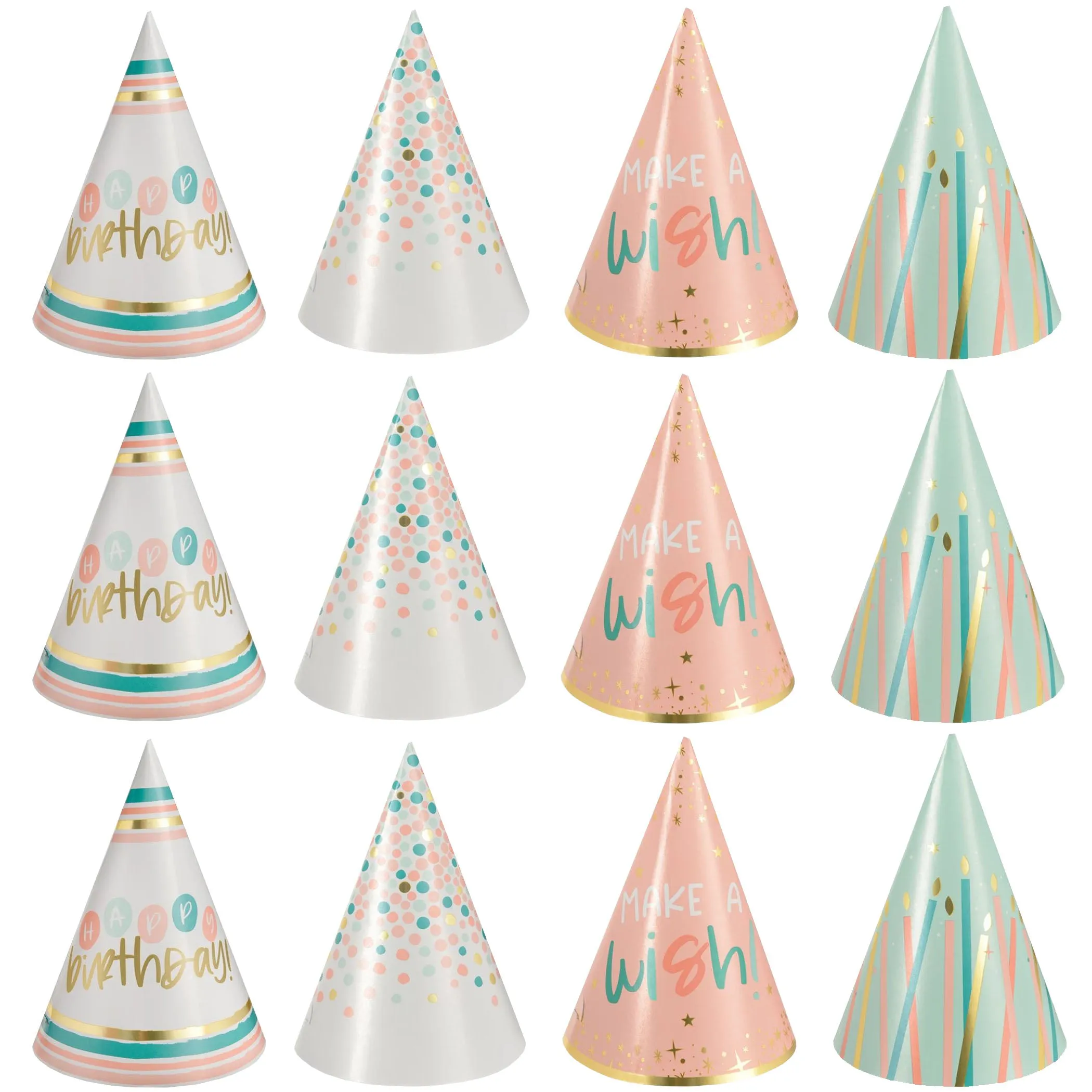 Happy Cake Day Assorted Mini Foil Cone Party Hat Birthday Accessories, 12 Count