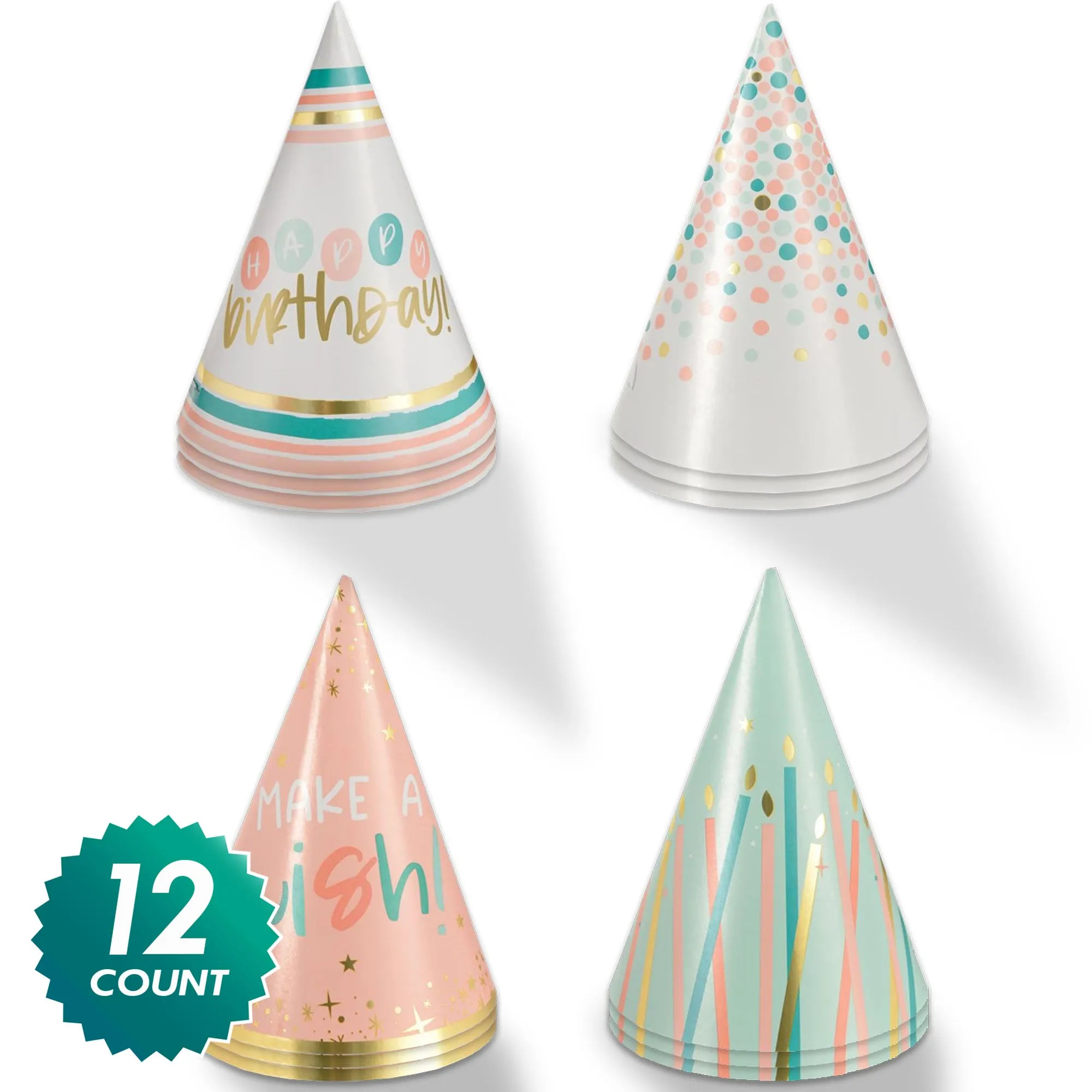 Happy Cake Day Assorted Mini Foil Cone Party Hat Birthday Accessories, 12 Count