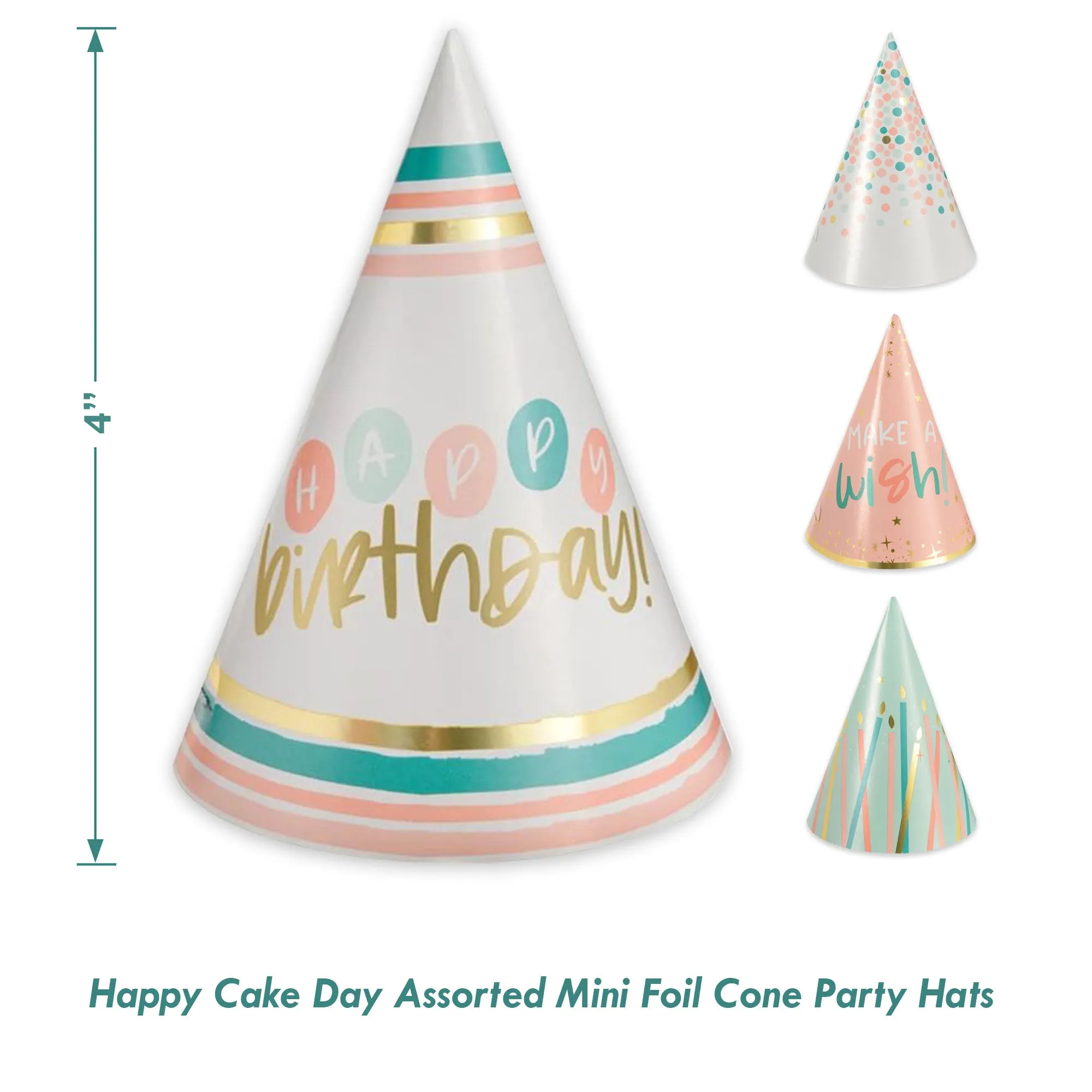 Happy Cake Day Assorted Mini Foil Cone Party Hat Birthday Accessories, 12 Count