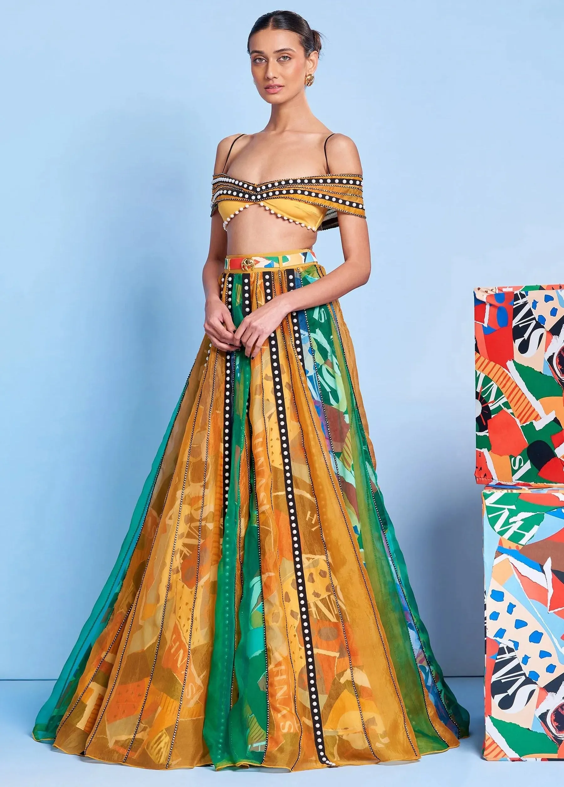 Legermash Panelled Lehenga with Rhinestone Off-Shoulder Blouse