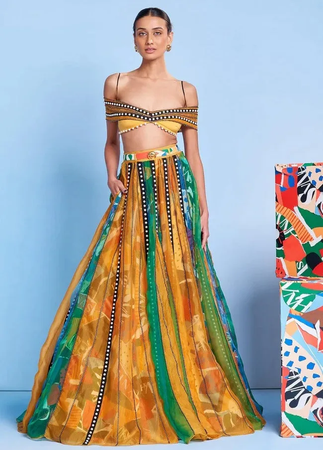 Legermash Panelled Lehenga with Rhinestone Off-Shoulder Blouse