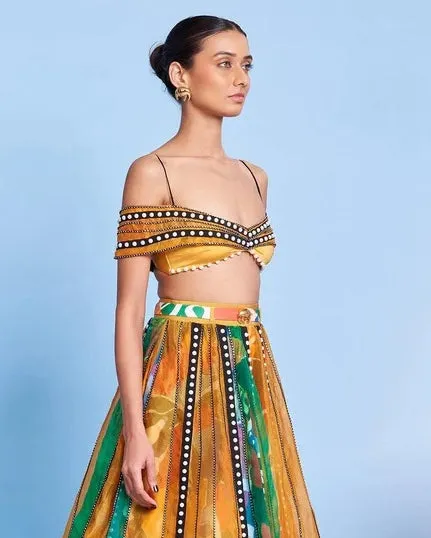 Legermash Panelled Lehenga with Rhinestone Off-Shoulder Blouse