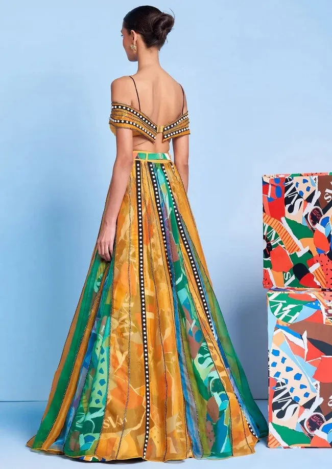 Legermash Panelled Lehenga with Rhinestone Off-Shoulder Blouse
