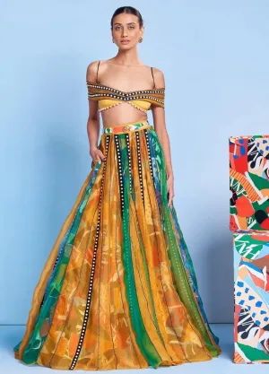 Legermash Panelled Lehenga with Rhinestone Off-Shoulder Blouse