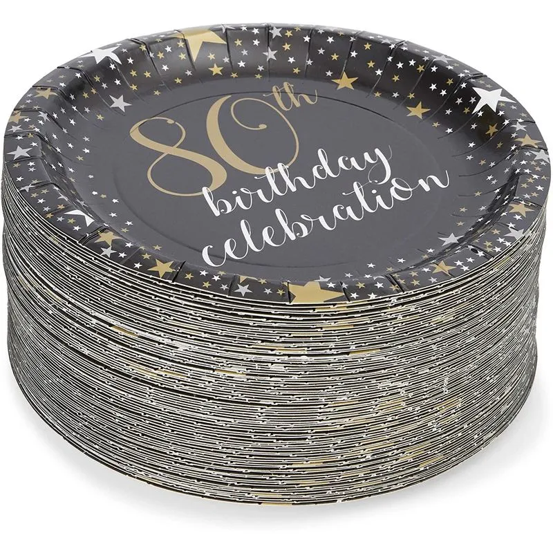 Paper Plates for 80th Birthday Party, Gold Foil (Black, 7 Inches, 80 Pack)