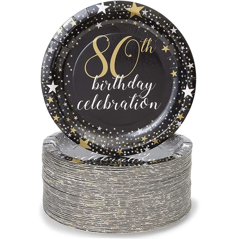Paper Plates for 80th Birthday Party, Gold Foil (Black, 7 Inches, 80 Pack)