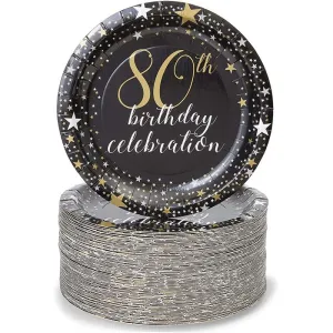 Paper Plates for 80th Birthday Party, Gold Foil (Black, 7 Inches, 80 Pack)